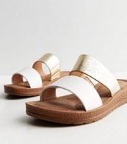 New Look Wide Fit White Metallic Leather-Look Strap Footbed Sliders